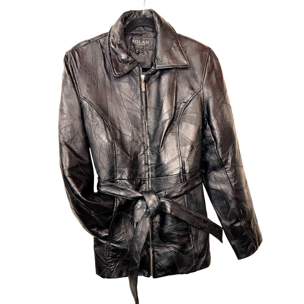 VINTAGE Patchwork Leather Trench Coat Sz L Jacket Black 90s Y2K Goth‎ Glam Retro